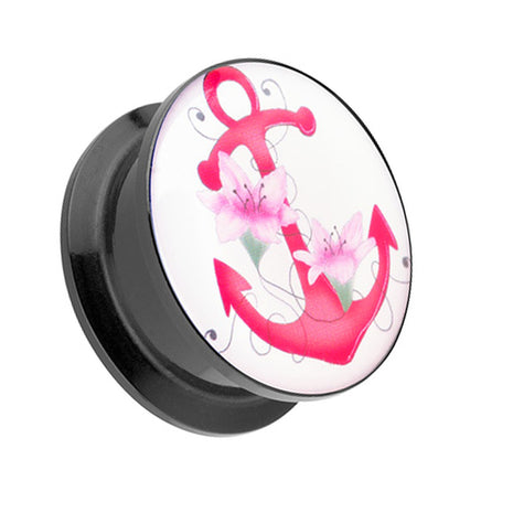 Picture Ear Tunnel Thread Plug Motif Pink Anchor &amp; Flowers 