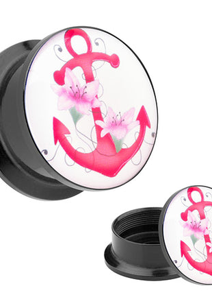 Picture Ohr Tunnel Gewinde Plug  Motiv Pink Anker & Blumen