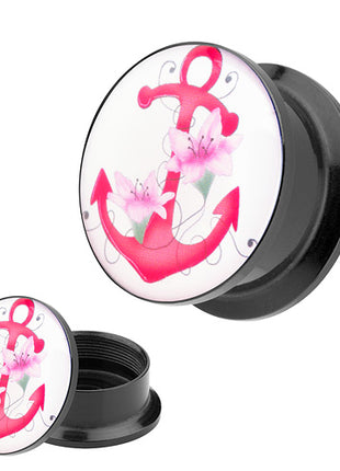 Picture Ohr Tunnel Gewinde Plug  Motiv Pink Anker & Blumen