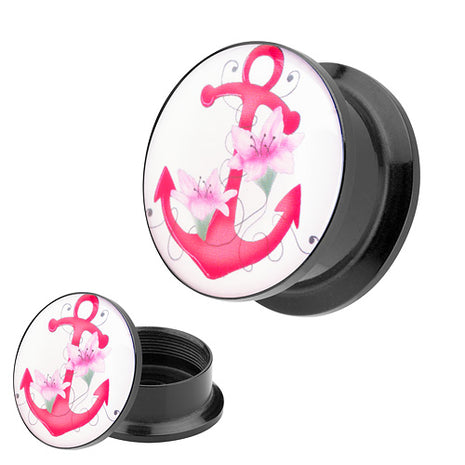 Picture Ohr Tunnel Gewinde Plug  Motiv Pink Anker & Blumen