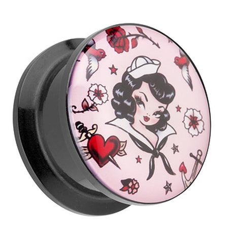 Picture Ohr Tunnel Gewinde Plug  Motiv Rockabilly Matrosen Mädchen Rose & Möve