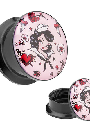 Picture Ohr Tunnel Gewinde Plug  Motiv Rockabilly Matrosen Mädchen Rose & Möve