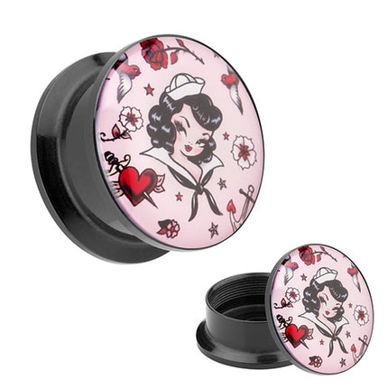 Picture Ohr Tunnel Gewinde Plug  Motiv Rockabilly Matrosen Mädchen Rose & Möve
