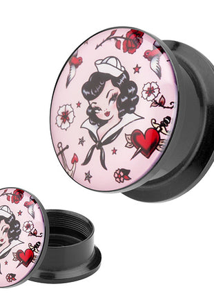 Picture Ohr Tunnel Gewinde Plug  Motiv Rockabilly Matrosen Mädchen Rose & Möve