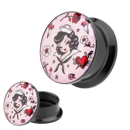 Picture Ohr Tunnel Gewinde Plug  Motiv Rockabilly Matrosen Mädchen Rose & Möve