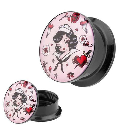 Picture Ohr Tunnel Gewinde Plug  Motiv Rockabilly Matrosen Mädchen Rose & Möve