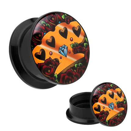 Picture Ohr Tunnel Gewinde Plug  Motiv Schlagring mit Kristall & Rosen