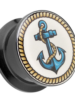 Picture Ear Tunnel Thread Plug Motif Blue Anchor &amp; Sailor's Rope 