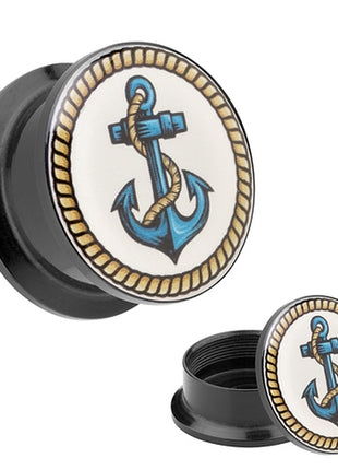 Picture Ear Tunnel Thread Plug Motif Blue Anchor &amp; Sailor's Rope 