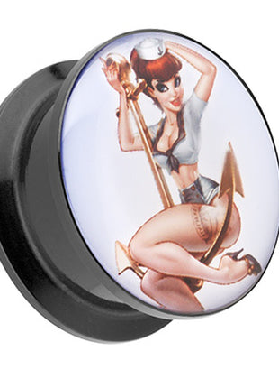 Picture Ear Tunnel Thread Plug Motif Rockabilly Sailor Girl on Anchor 