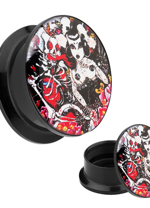 Picture Ear Tunnel Thread Plug Motif Rockabilly Dead Girl &amp; Skeleton 