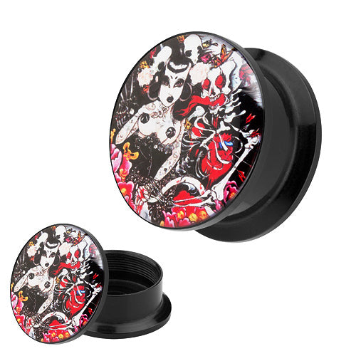 Picture Ohr Tunnel Gewinde Plug  Motiv Rockabilly Dead Girl & Skelett