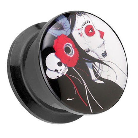 Picture ear tunnel thread plug motif Rockabilly Dead Girl &amp; Flower 