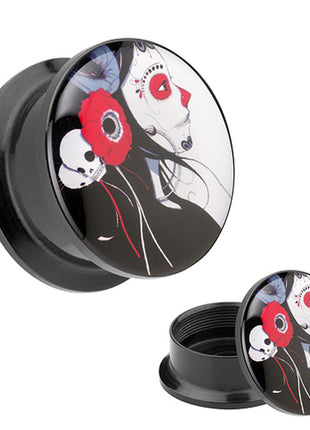 Picture ear tunnel thread plug motif Rockabilly Dead Girl &amp; Flower 