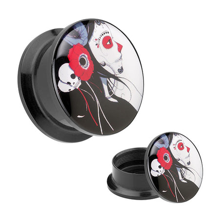 Picture Ohr Tunnel Gewinde Plug  Motiv Rockabilly Dead Girl & Flower