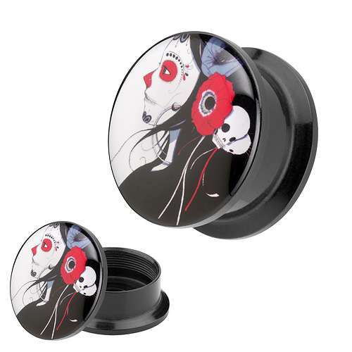 Picture Ohr Tunnel Gewinde Plug  Motiv Rockabilly Dead Girl & Flower