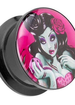 Picture Ohr Tunnel Gewinde Plug  Motiv Rockabilly Dead Girl with Rose