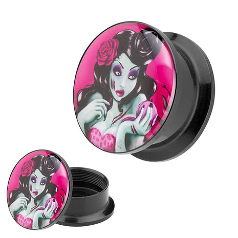 Picture Ohr Tunnel Gewinde Plug  Motiv Rockabilly Dead Girl with Rose