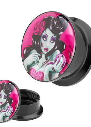 Picture Ohr Tunnel Gewinde Plug  Motiv Rockabilly Dead Girl with Rose