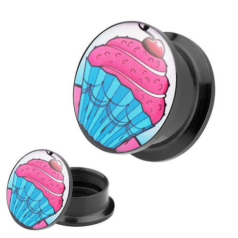 Picture Ohr Tunnel Gewinde Plug  Motiv Cupcake Muffin mit Kirsche