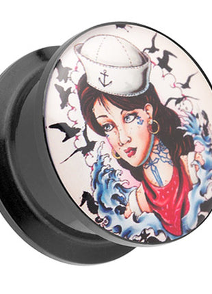 Picture Ear Tunnel Thread Plug Rockabilly Tattoo Sailor Girl 