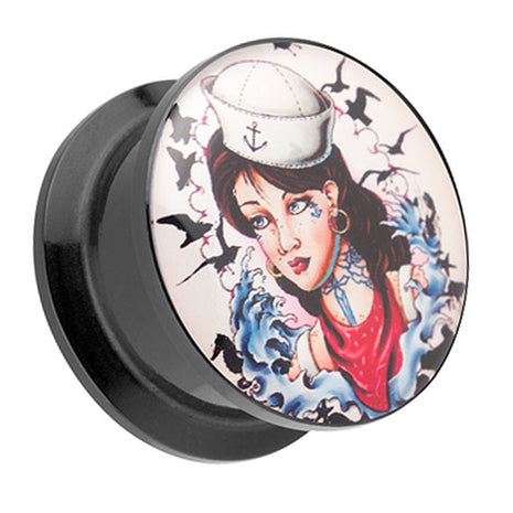 Picture Ear Tunnel Thread Plug Rockabilly Tattoo Sailor Girl 