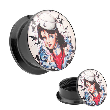 Picture Ohr Tunnel Gewinde Plug  Rockabilly Tattoo Matrosen Mädchen