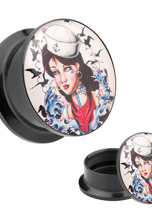 Picture Ear Tunnel Thread Plug Rockabilly Tattoo Sailor Girl 