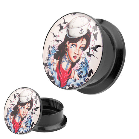 Picture Ohr Tunnel Gewinde Plug  Rockabilly Tattoo Matrosen Mädchen