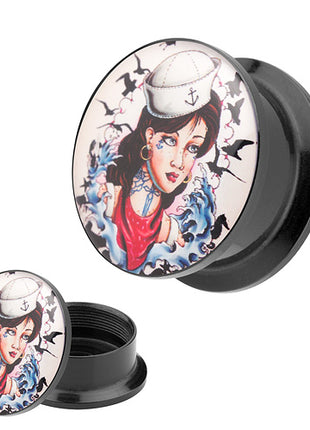 Picture Ohr Tunnel Gewinde Plug  Rockabilly Tattoo Matrosen Mädchen