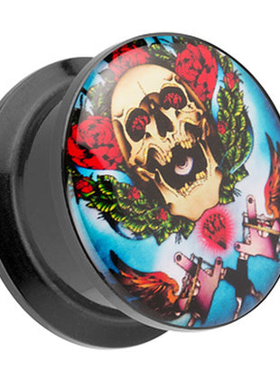 Picture Ohr Tunnel Gewinde Plug  Motiv Rockabilly Totenkopf & Rosen