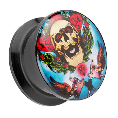 Picture Ear Tunnel Thread Plug Motif Rockabilly Skull &amp; Roses 