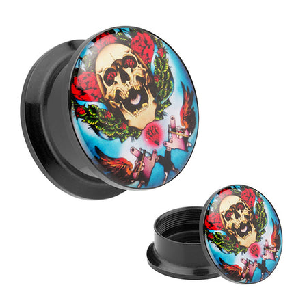 Picture Ohr Tunnel Gewinde Plug  Motiv Rockabilly Totenkopf & Rosen