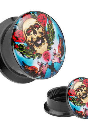 Picture Ear Tunnel Thread Plug Motif Rockabilly Skull &amp; Roses 