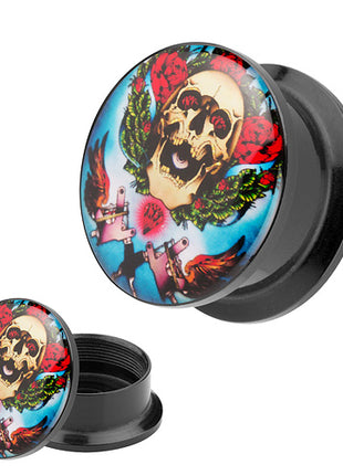 Picture Ohr Tunnel Gewinde Plug  Motiv Rockabilly Totenkopf & Rosen