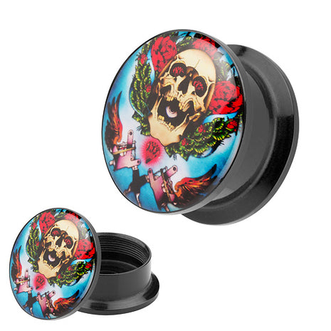 Picture Ohr Tunnel Gewinde Plug  Motiv Rockabilly Totenkopf & Rosen