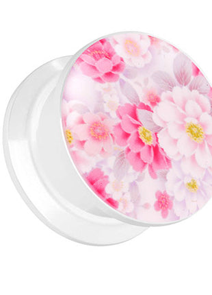 Picture Ear Tunnel Thread Plug White Motif Peonies 