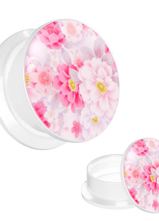 Picture Ear Tunnel Thread Plug White Motif Peonies 