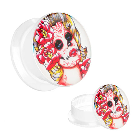 Picture Ohr Tunnel Gewinde Plug  Motiv Tattoo Dead Woman mit Rosen