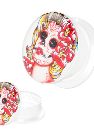 Picture Ohr Tunnel Gewinde Plug  Motiv Tattoo Dead Woman mit Rosen