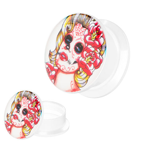 Picture Ohr Tunnel Gewinde Plug  Motiv Tattoo Dead Woman mit Rosen