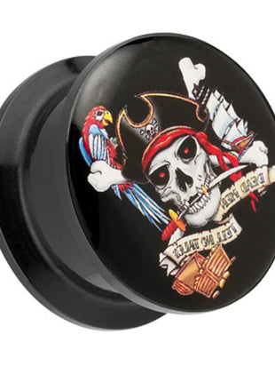 Picture Ear Tunnel Thread Plug Motif Pirate with Parrot &amp; Sailing Ship 