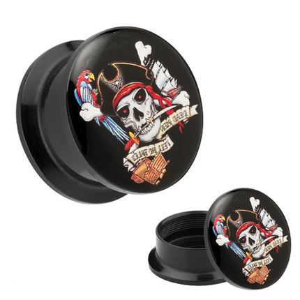 Picture Ohr Tunnel Gewinde Plug  Motiv Pirat mit Papagei & Segelschiff