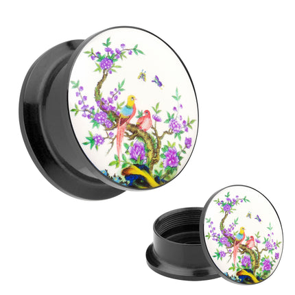 Picture Ohr Tunnel Gewinde Plug  Motiv Frühling mit Vögel & Schmetterlingen