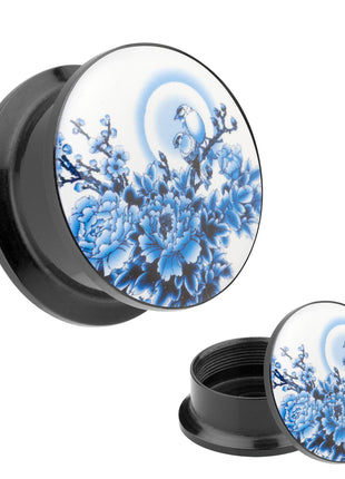 Picture Ear Tunnel Thread Plug Motif Blue Tits &amp; Cherry Blossoms 