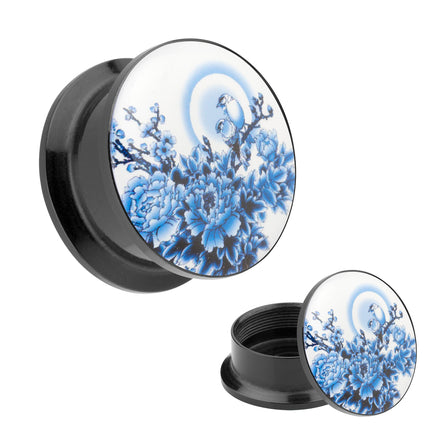 Picture Ohr Tunnel Gewinde Plug  Motiv blaue Meisen & Kirchblüten