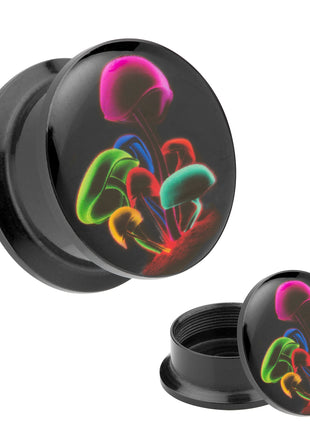 Picture Ear Tunnel Thread Plug Motif Colorful Neon Mushrooms 