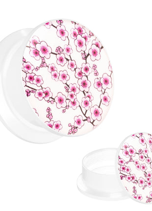 Picture Ear Tunnel Thread Plug White Motif with Cherry Blossoms 