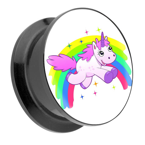 Picture Ear Tunnel Thread Plug Motif over Rainbow Jumping Unicorn 