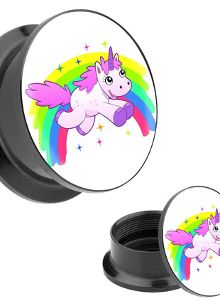 Picture Ear Tunnel Thread Plug Motif over Rainbow Jumping Unicorn 